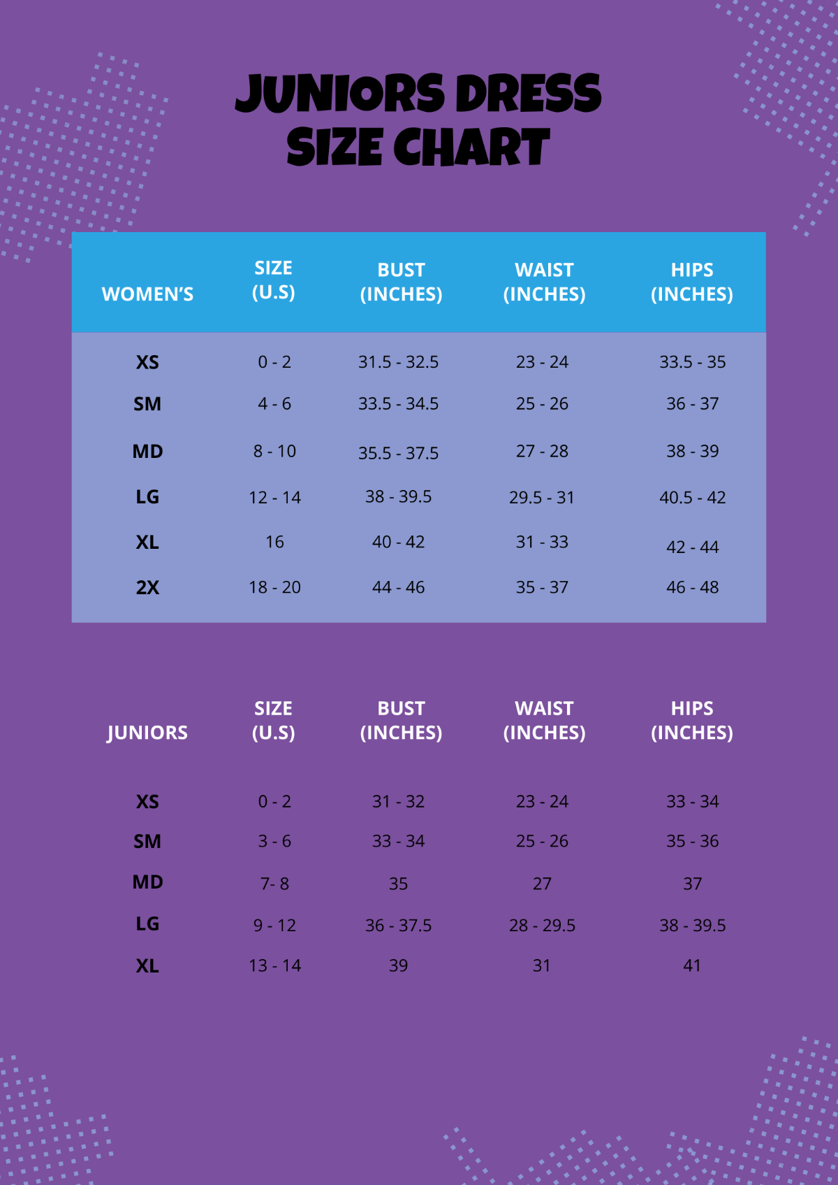 Juniors Dress Size Chart Template - Edit Online & Download