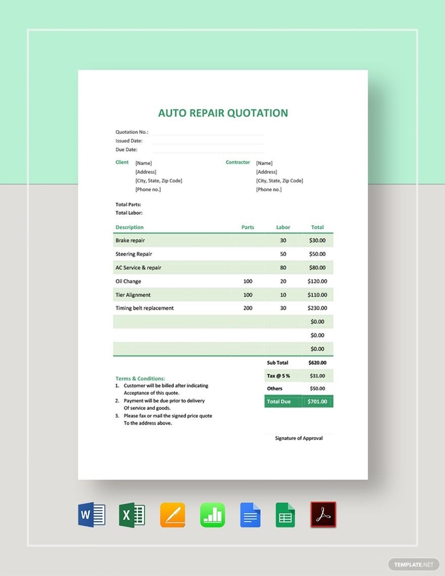 Auto Repair Quotation Template