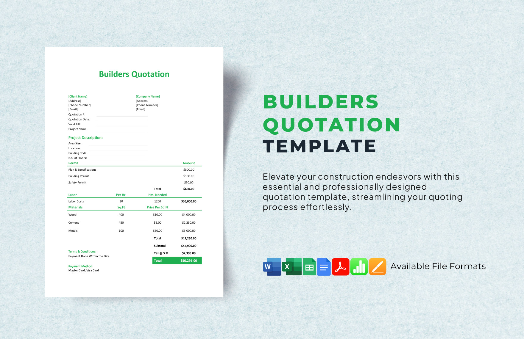 Builders Quotation Template in Excel, Pages, Word, Apple Numbers, Google Sheets, PDF, Google Docs - Download | Template.net