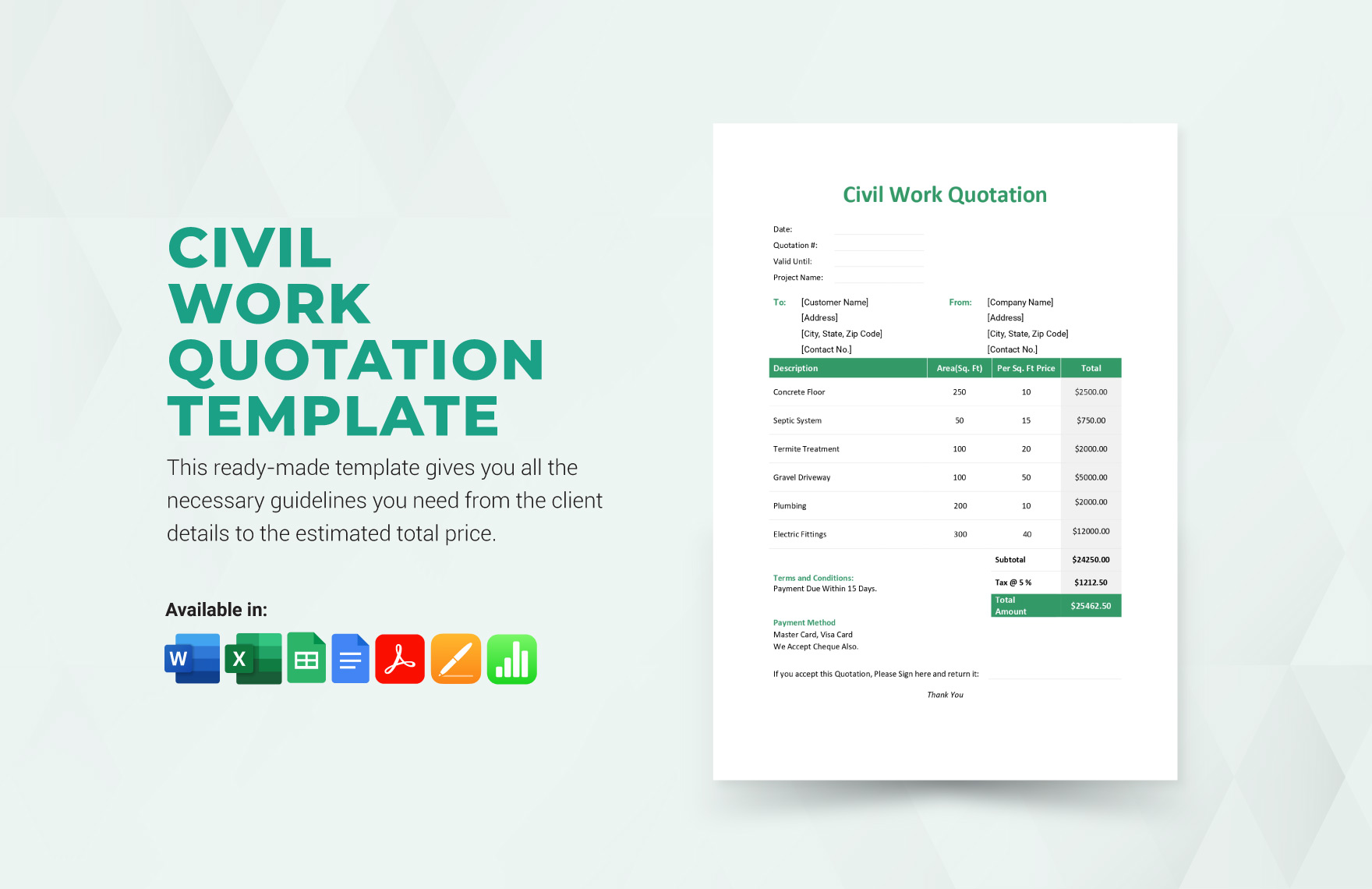 Civil Work Quotation Template in Pages, Apple Numbers, Excel, Word, Google Sheets, PDF, Google Docs - Download | Template.net