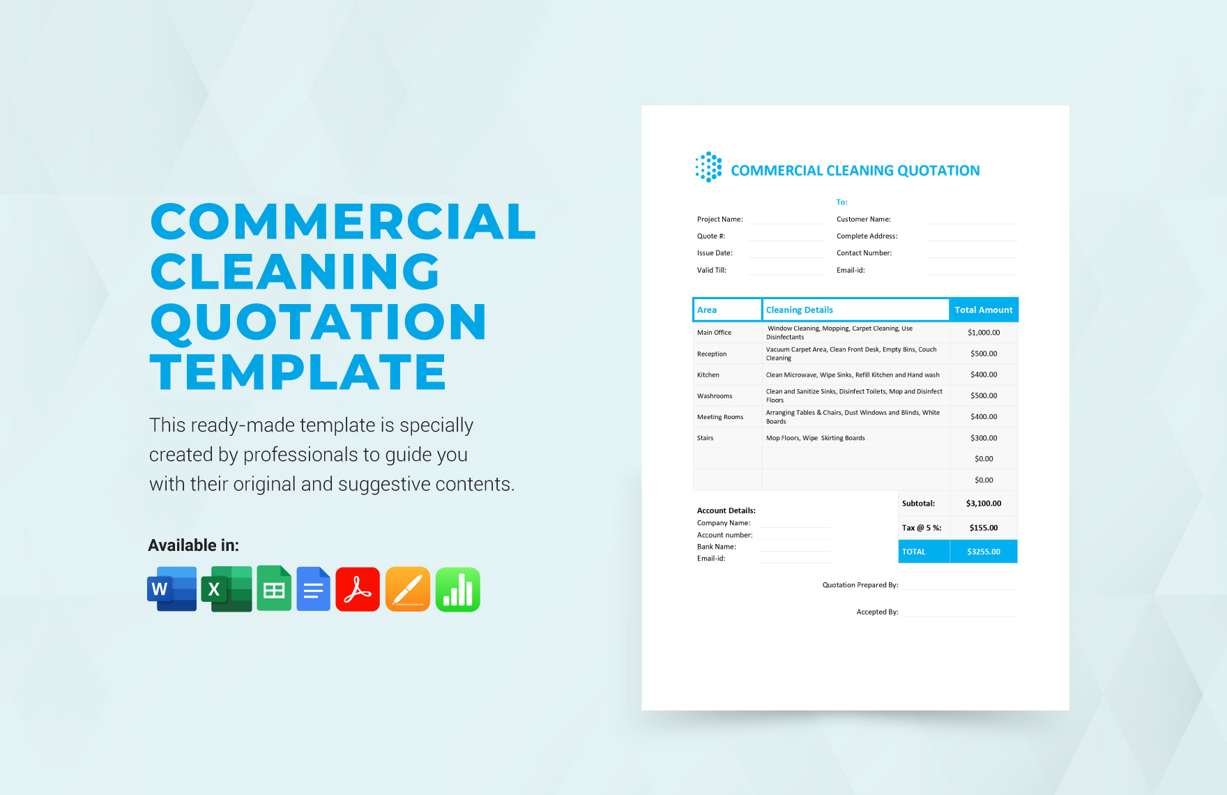 Commercial Cleaning Quotation Template in Word, Apple Numbers, Excel, Pages, Google Sheets, PDF, Google Docs - Download | Template.net