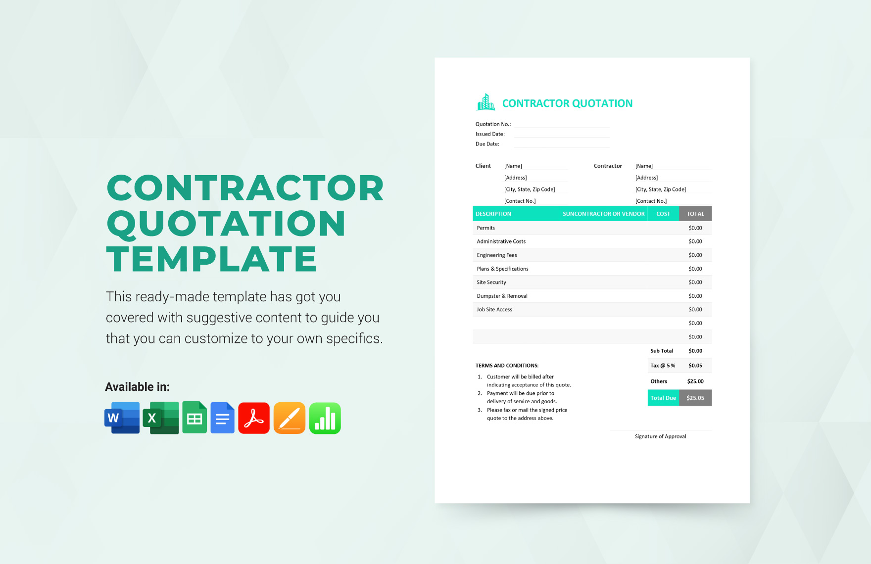 Contractor Quotation Template in Google Sheets, Word, Apple Numbers, Excel, Pages, PDF, Google Docs - Download | Template.net