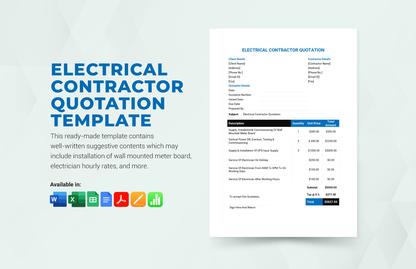 Electrical Contractor Quotation Template in Excel, Word, Apple Numbers, Pages, Google Sheets, PDF, Google Docs - Download | Template.net