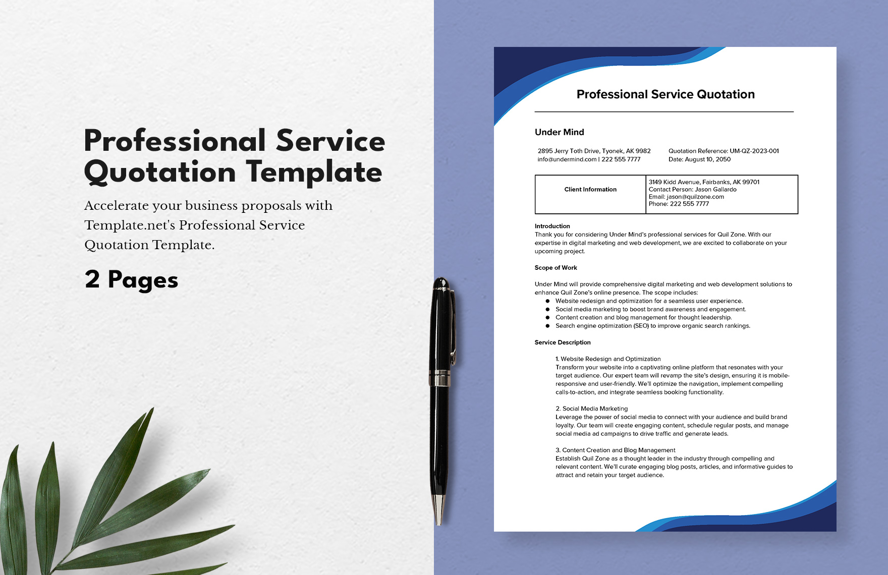 Professional Service Quotation Template in Apple Numbers, Excel, Pages, Google Sheets, Word, PDF, Google Docs - Download | Template.net