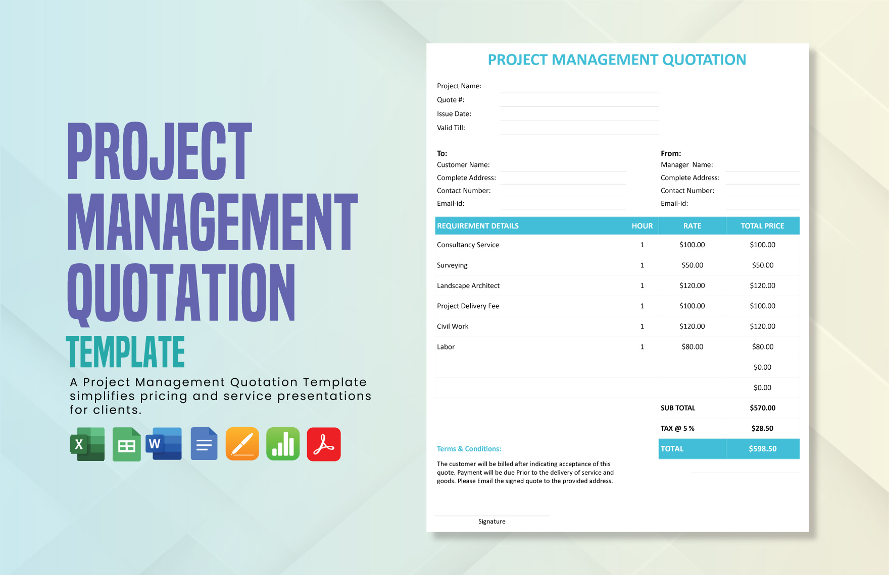 Project Management Quotation Template in Apple Numbers, Pages, Excel, Word, Google Sheets, PDF, Google Docs - Download | Template.net