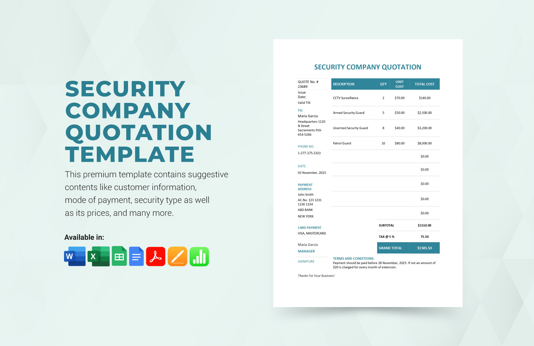 Security Company Quotation Template in Pages, Word, Excel, Apple Numbers, Google Sheets, PDF, Google Docs - Download | Template.net