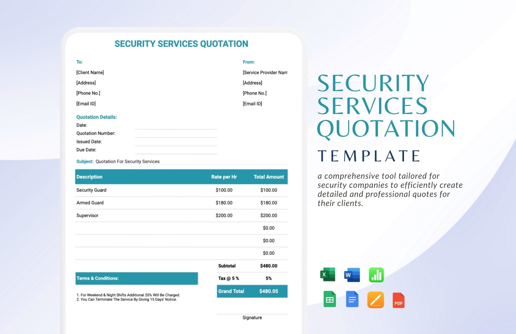 Security Services Quotation Template in Word, Apple Numbers, Apple Pages, Excel, Google Sheets, PDF, Google Docs - Download | Template.net