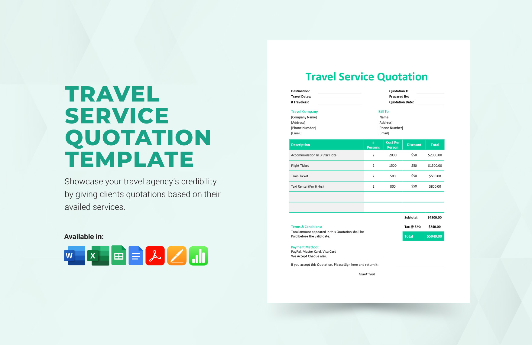 Travel Service Quotation Template in Apple Numbers, Pages, Excel, Word, Google Sheets, PDF, Google Docs - Download | Template.net