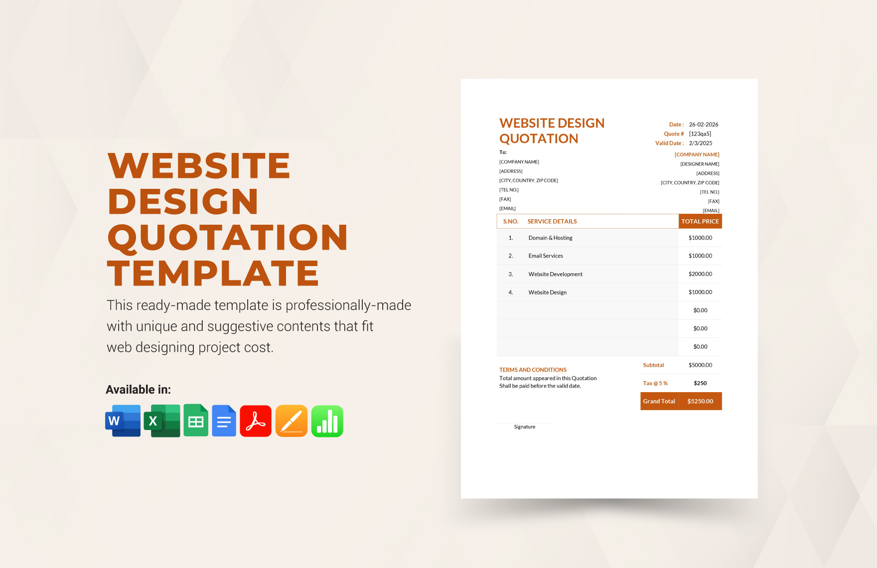 Website Design Quotation Template in Word, Pages, Apple Numbers, Excel, Google Sheets, PDF, Google Docs - Download | Template.net