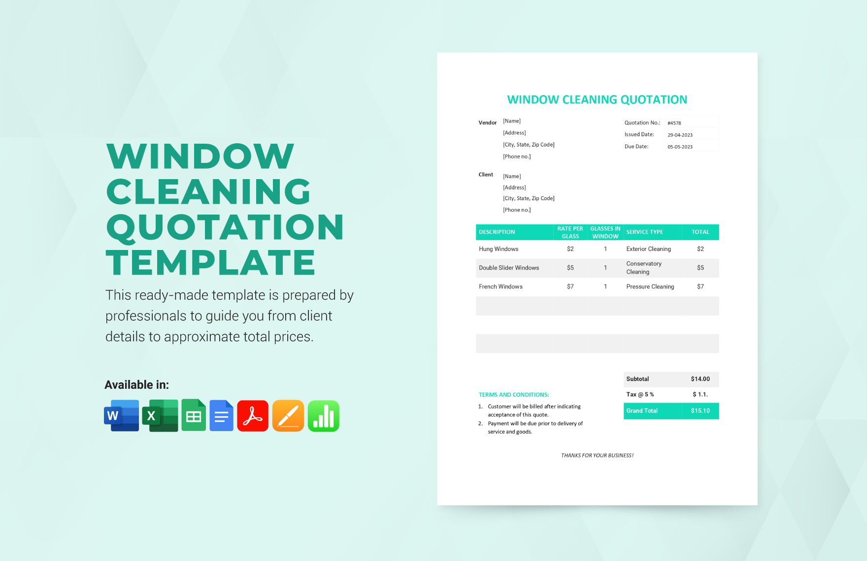 Window Cleaning Quotation Template in Google Sheets, Excel, Pages, Word, Apple Numbers, PDF, Google Docs - Download | Template.net