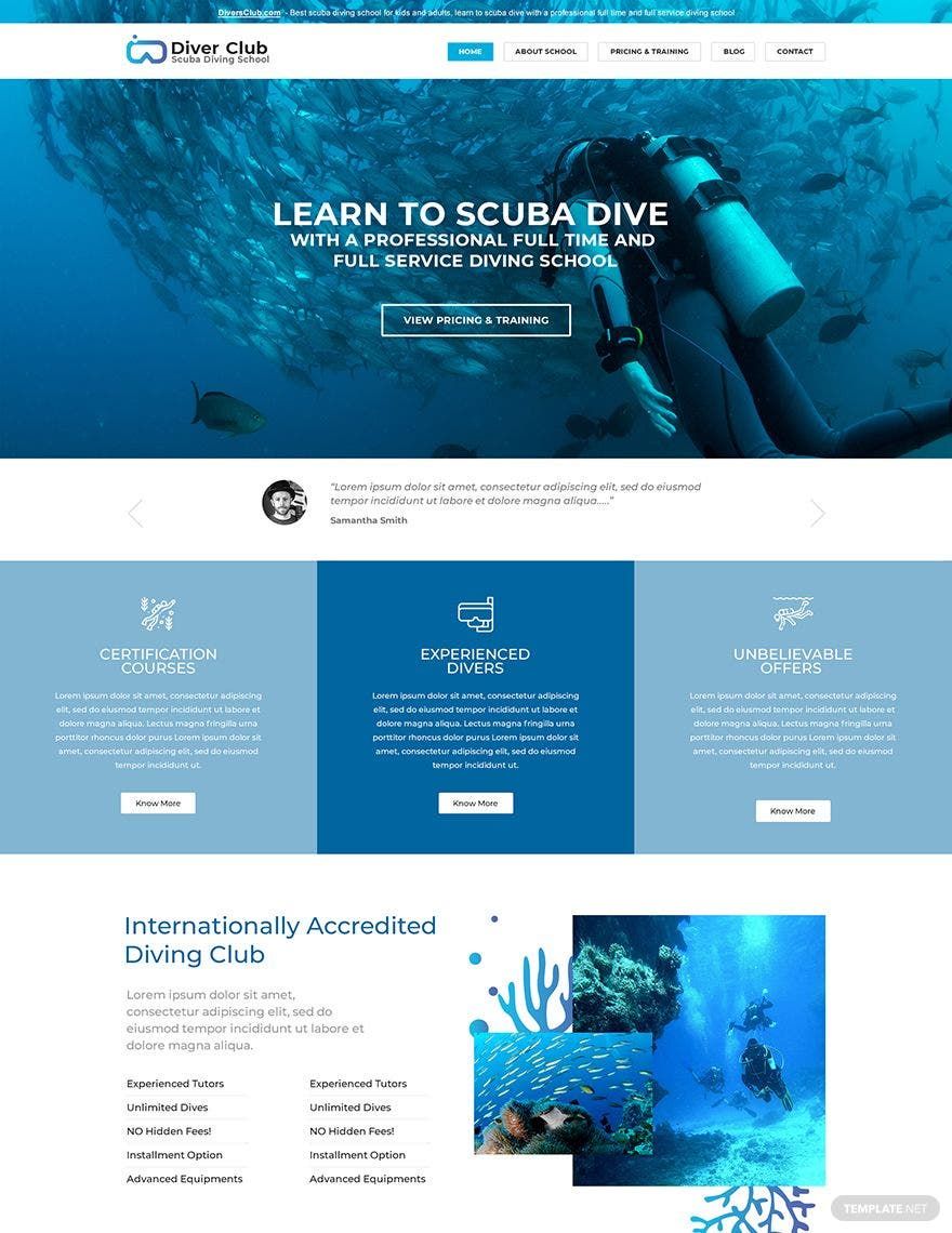 Scuba Diving School Shop PSD Landing Page Template