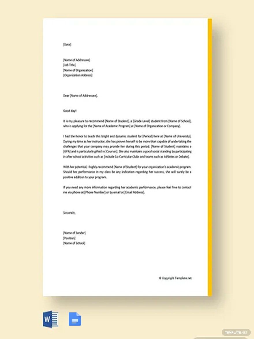 Academic Reference Letter for Student Template