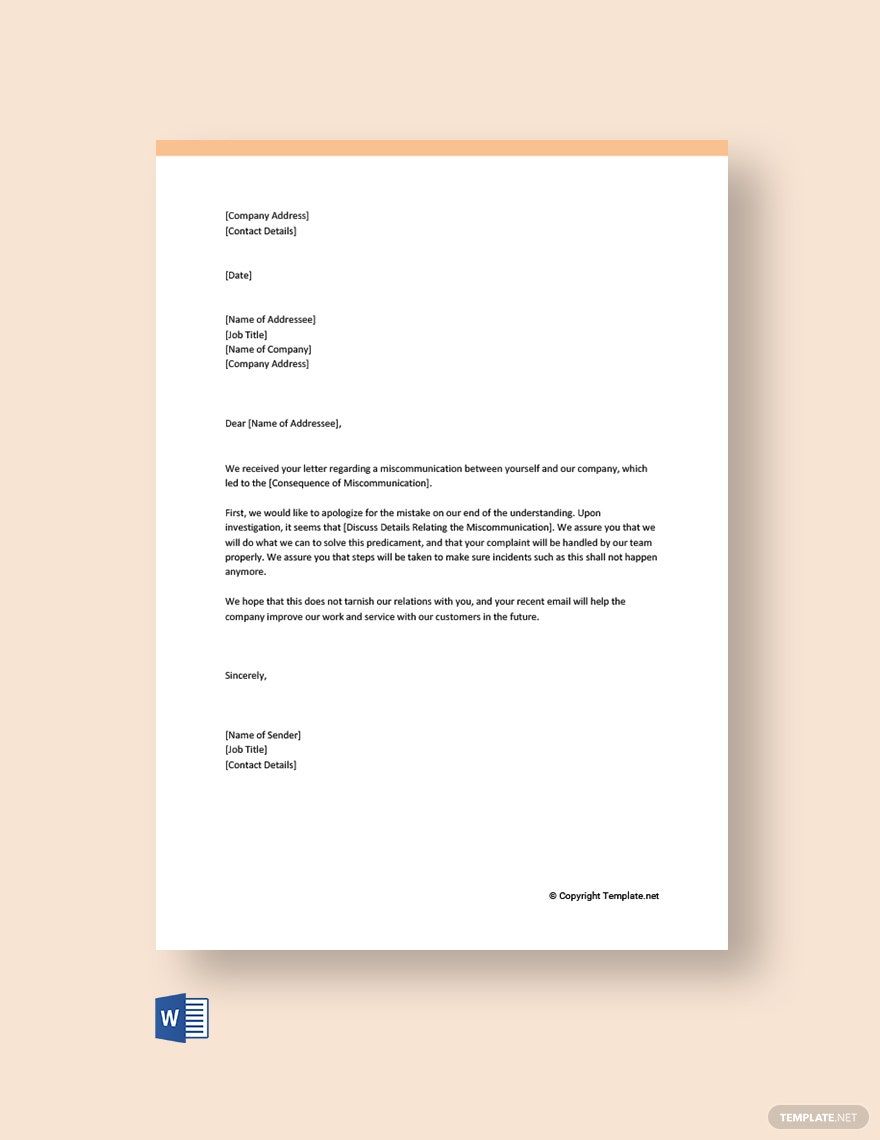 Business Apology Letter for Miscommunication Template