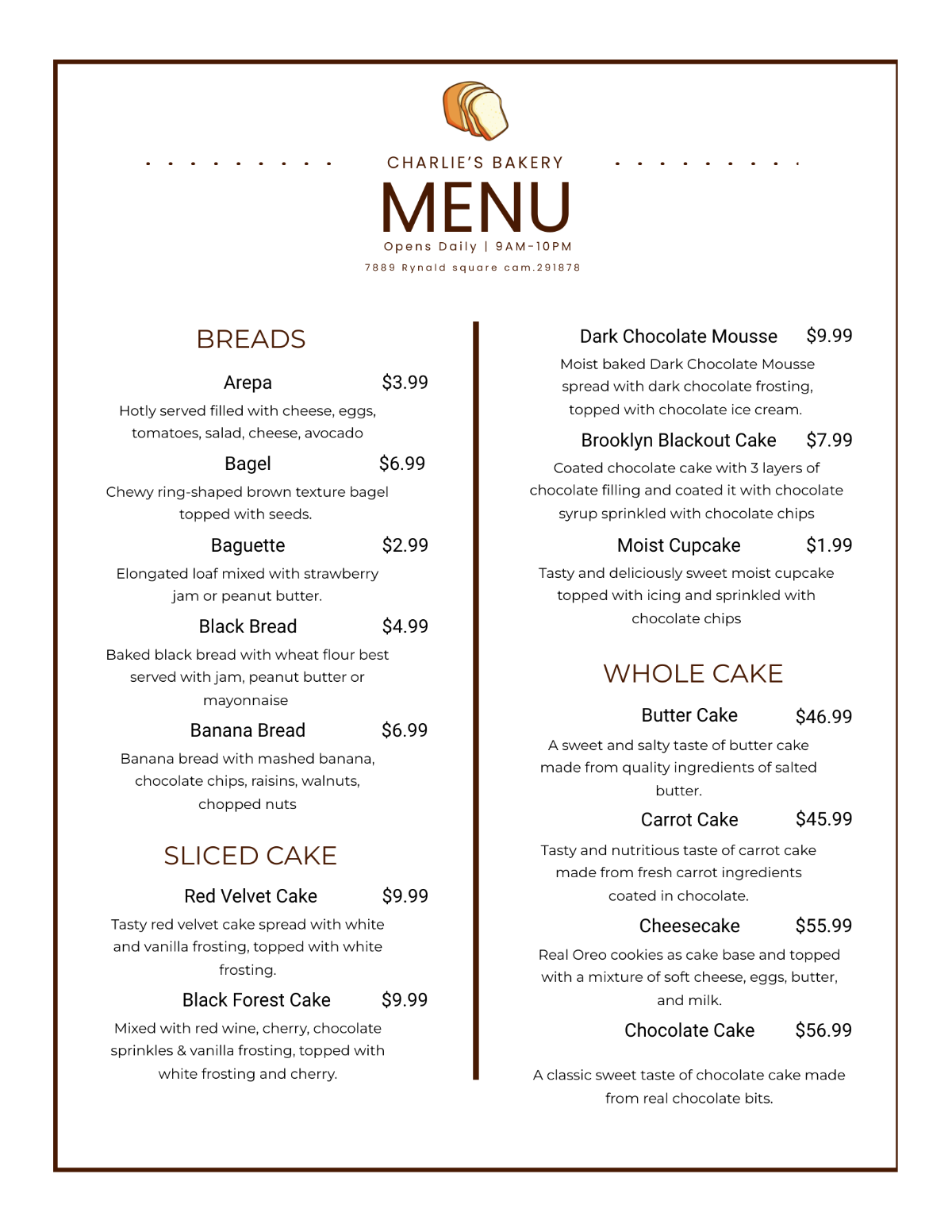 Free Bakery Menu Design Template to Edit Online