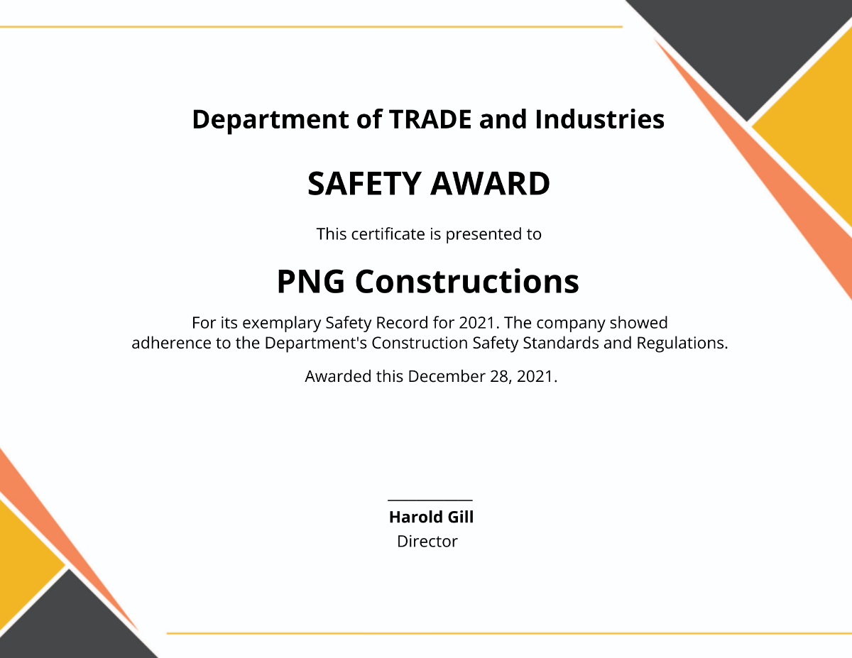 Free Safety Award Certificate Template