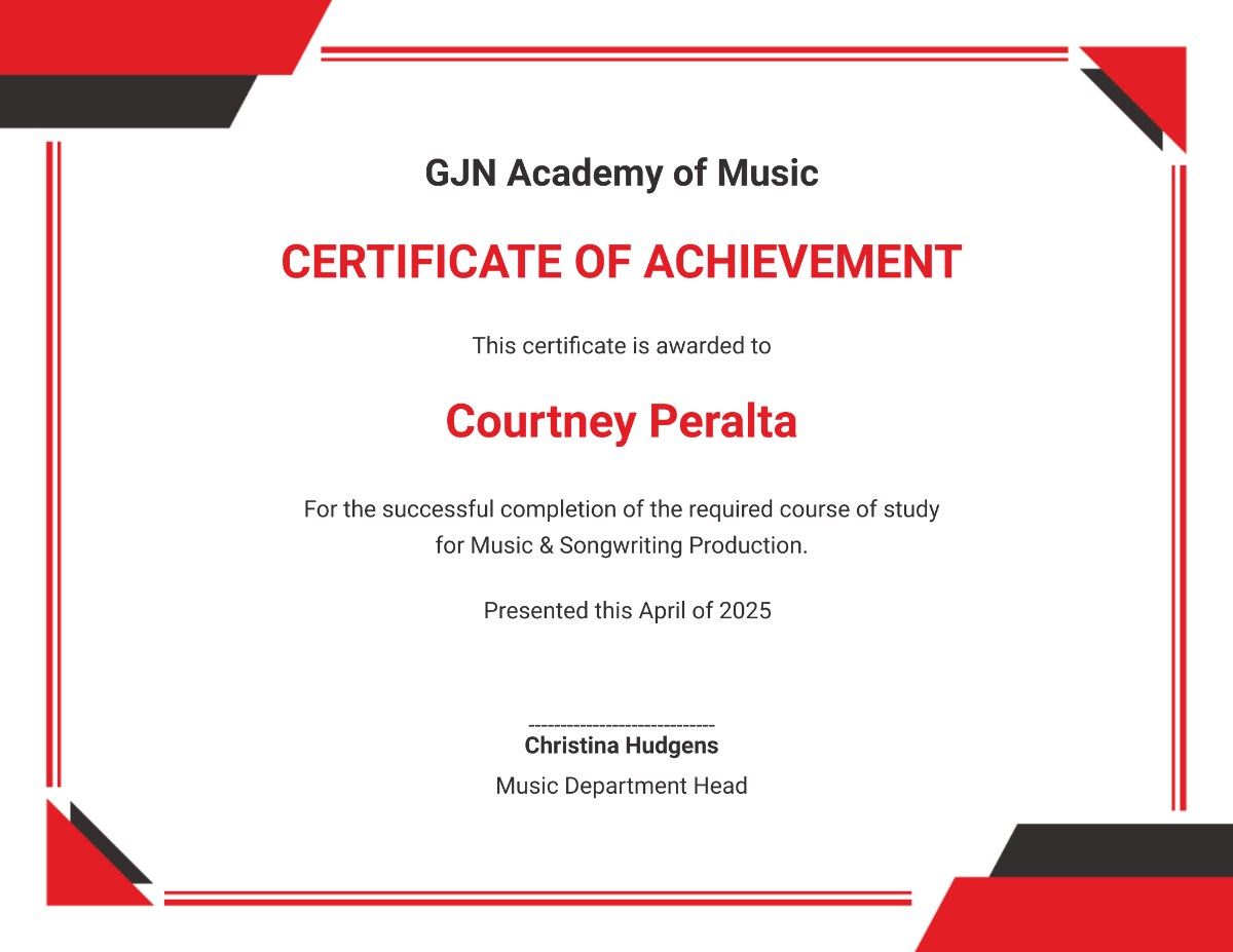 Free Music Achievement Award Certificate Template