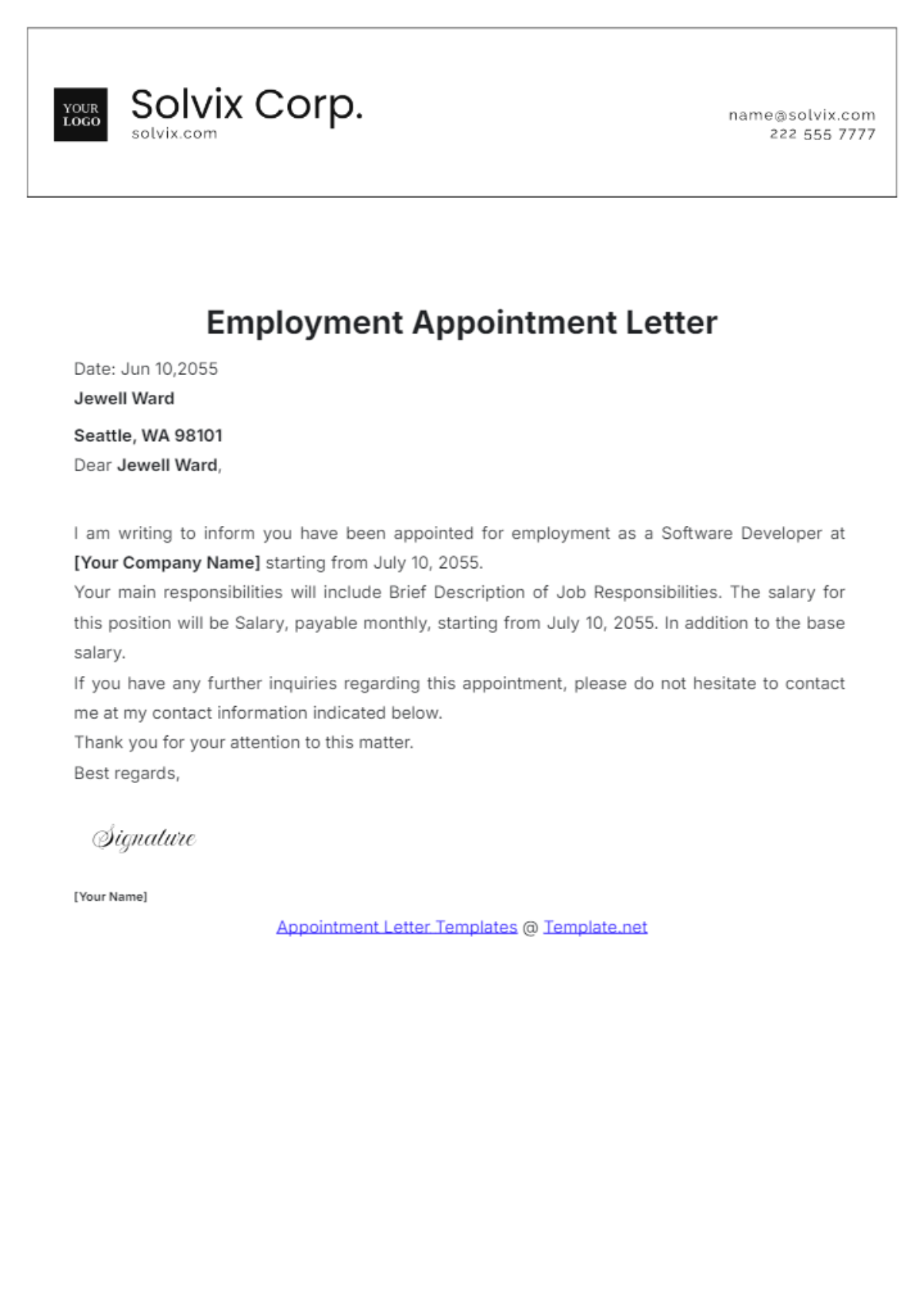 Free Employment Appointment Letter Template