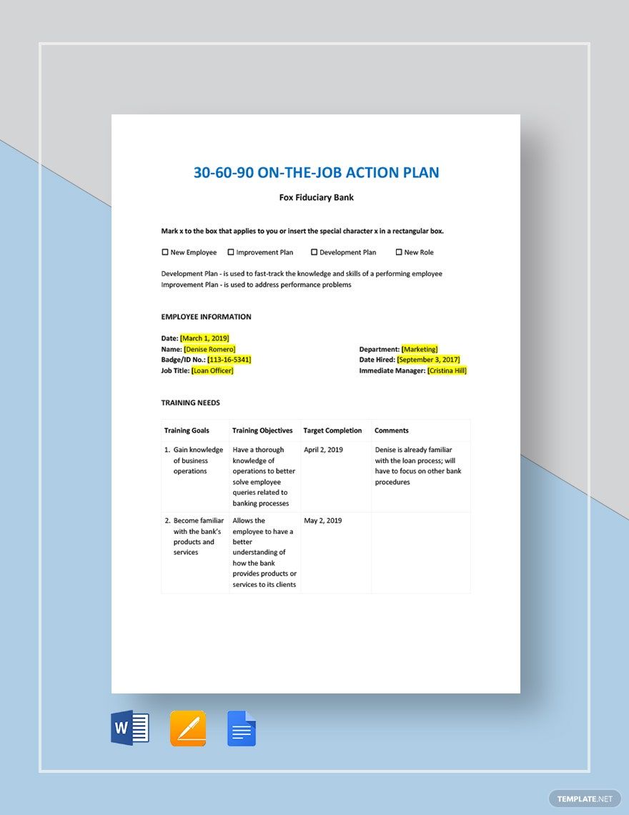 30-60-90 On-The-Job Action Template Plan Template