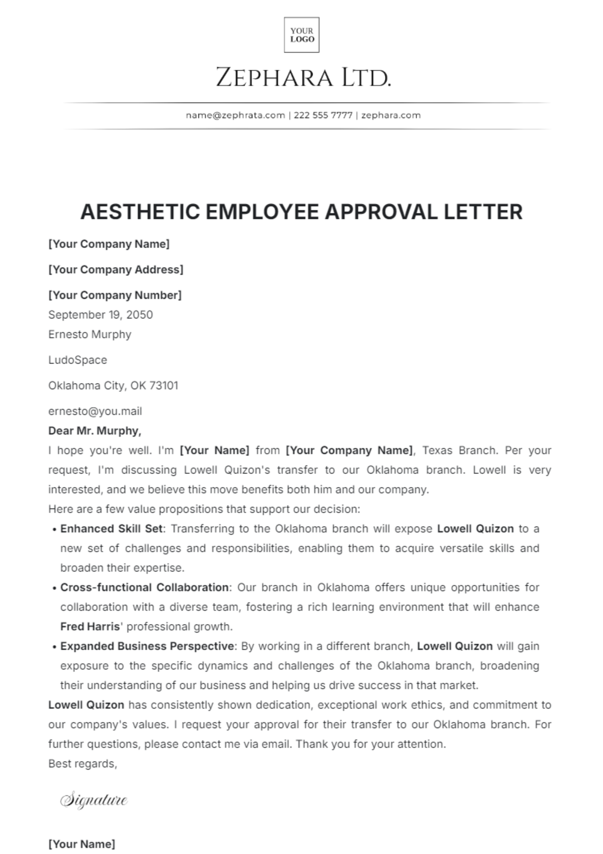 Free Aesthetic Employee Approval Letter Template