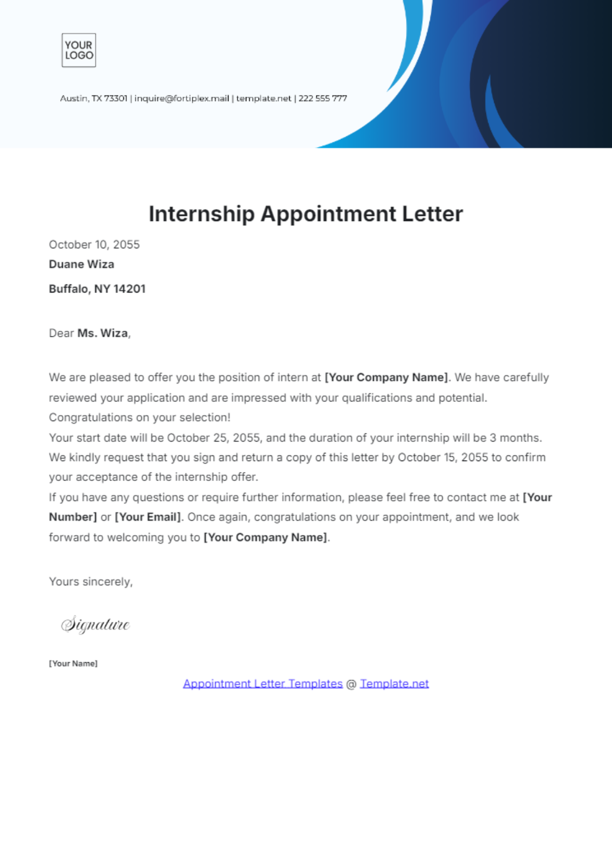 Free Internship Appointment Letter Template