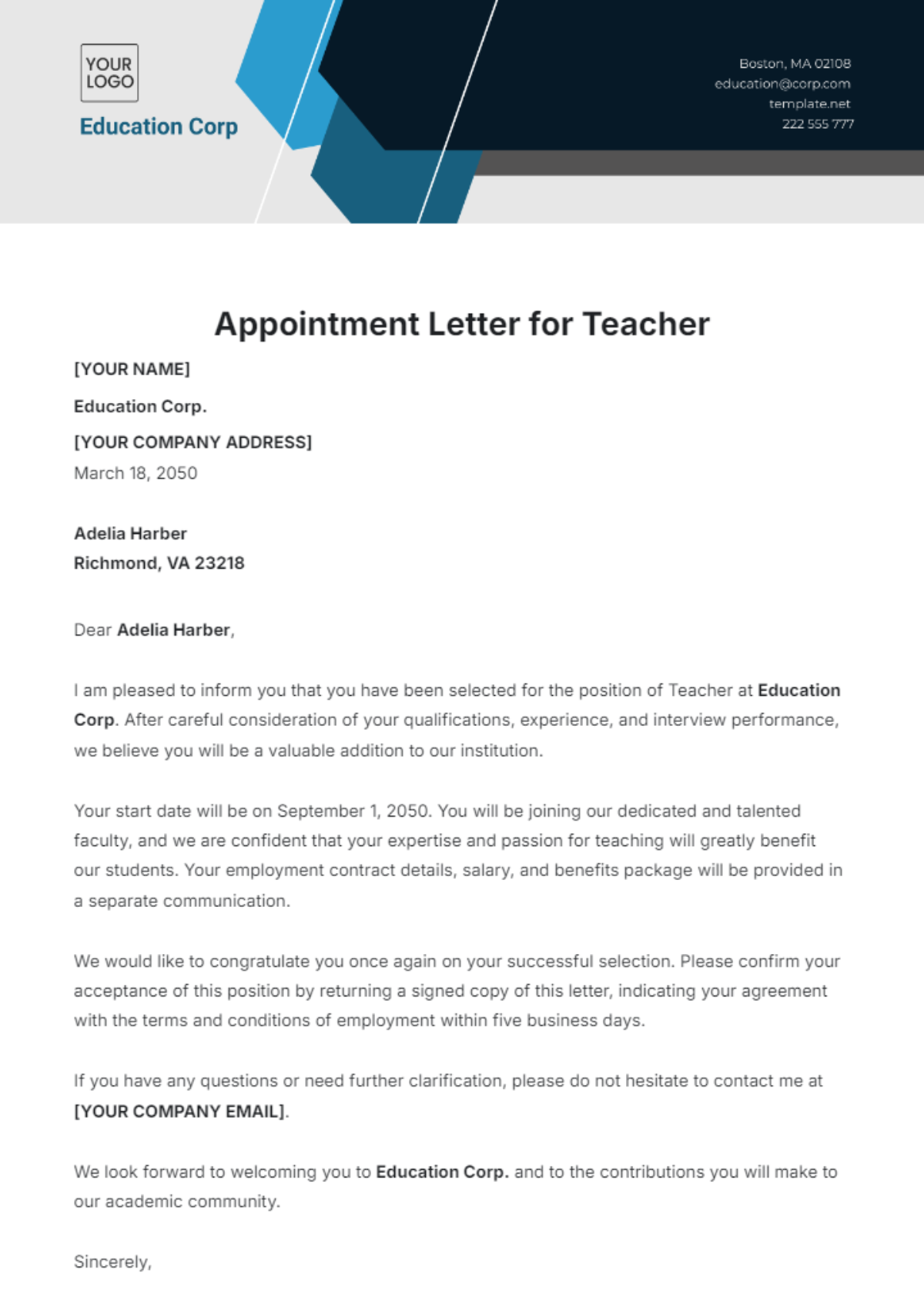 Free Appointment Letter for Teacher Template