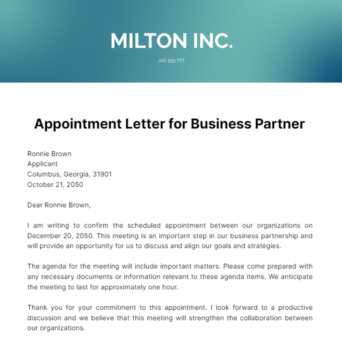 Free Appointment Letter for Business Partner Template