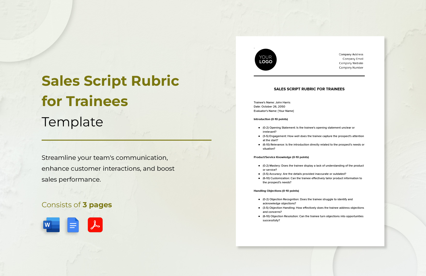 Sales Script Rubric for Trainees Template