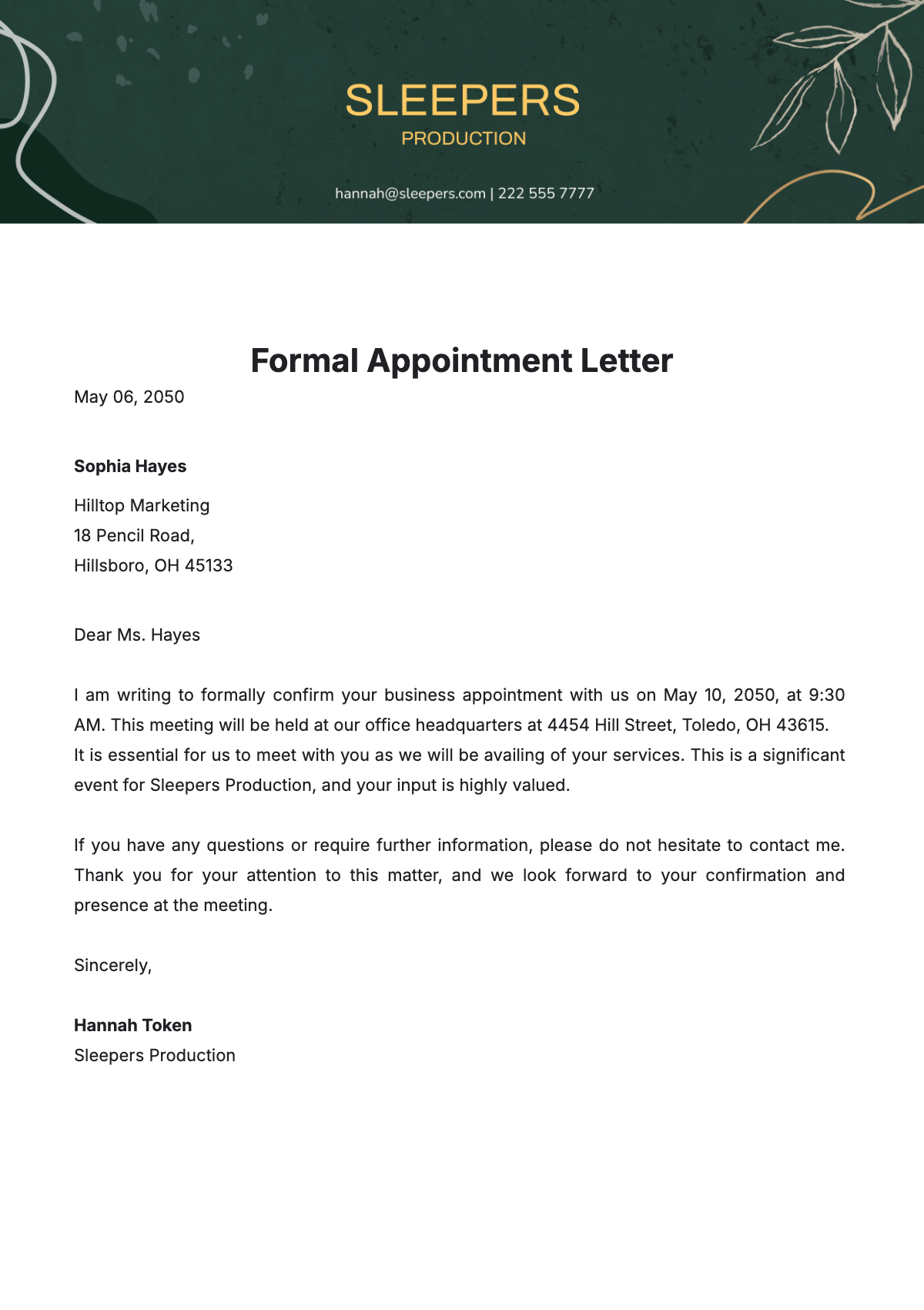 Free Formal Appointment Letter   Template