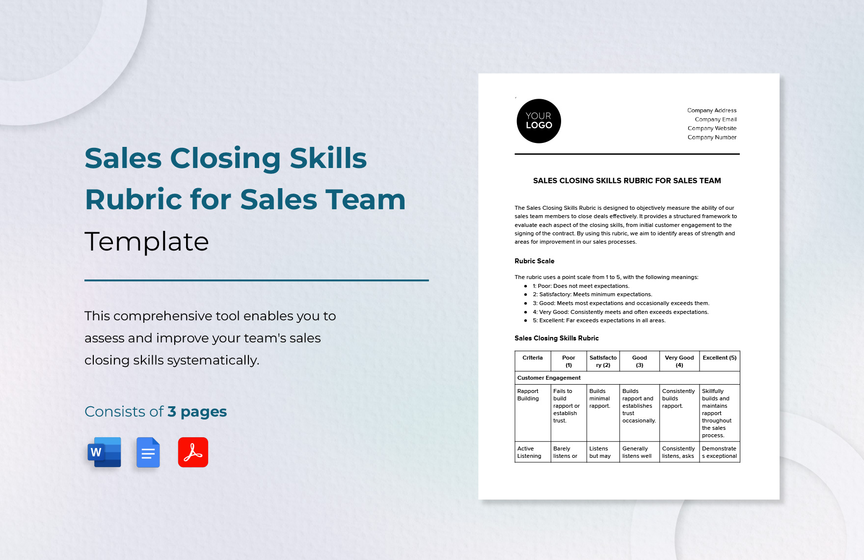 Sales Closing Skills Rubric for Sales Team Template