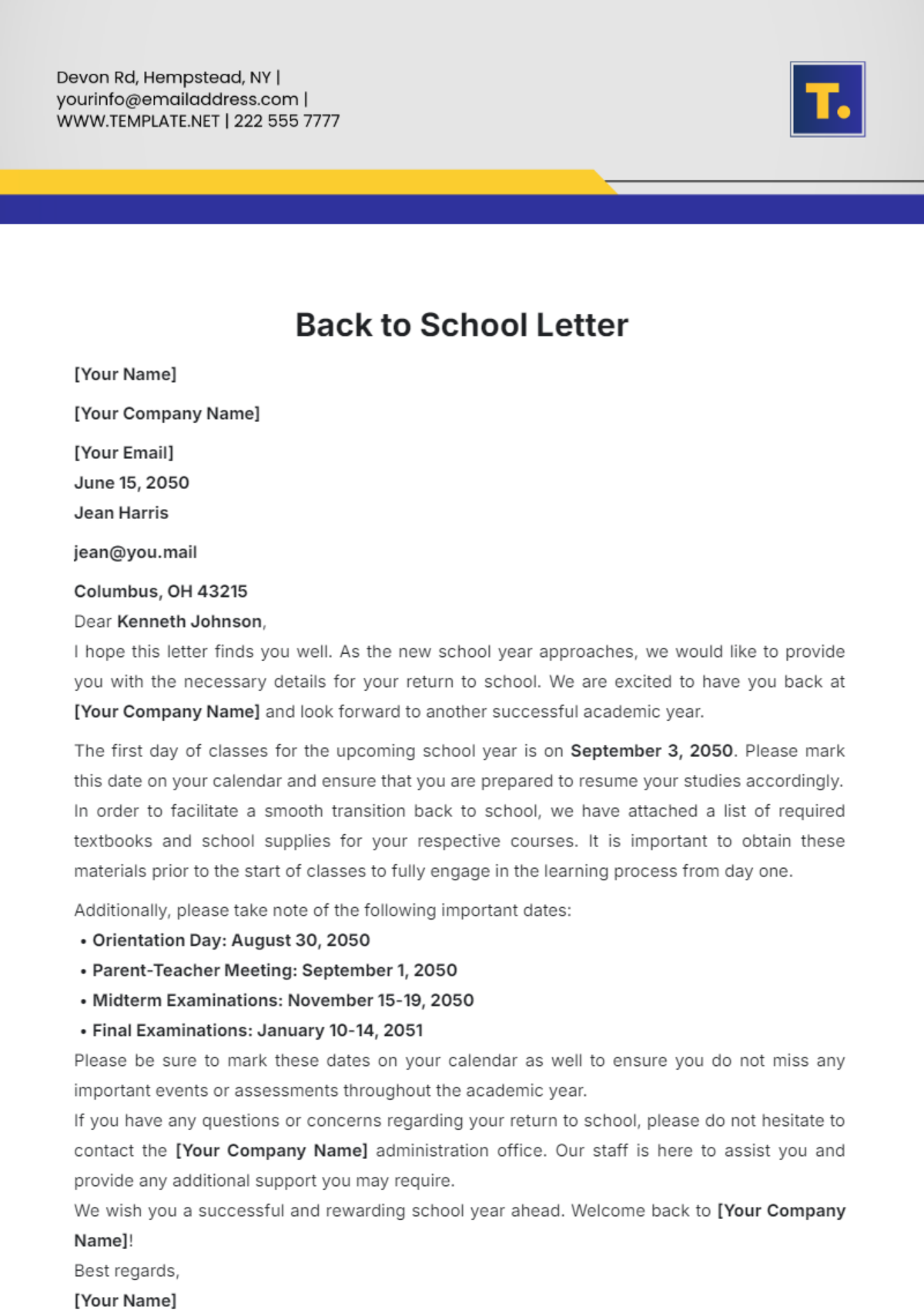 Back to School Letter Template - Edit Online & Download