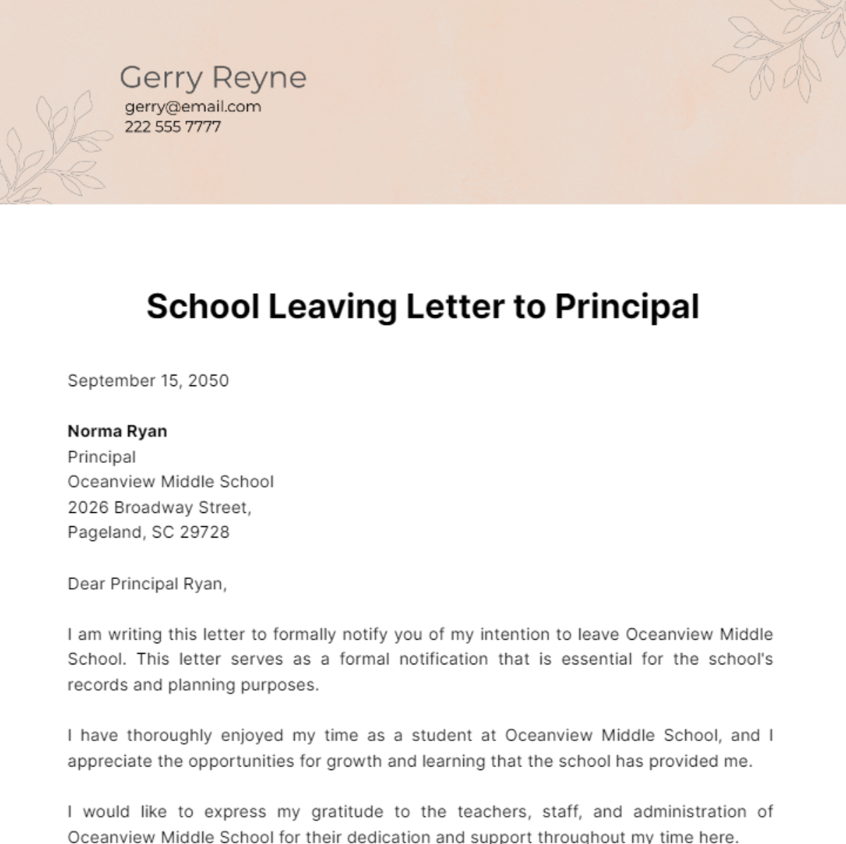 School Leaving Letter to Principal Template - Edit Online & Download