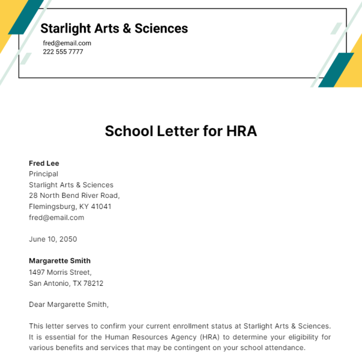 School Letter for HRA  Template - Edit Online & Download