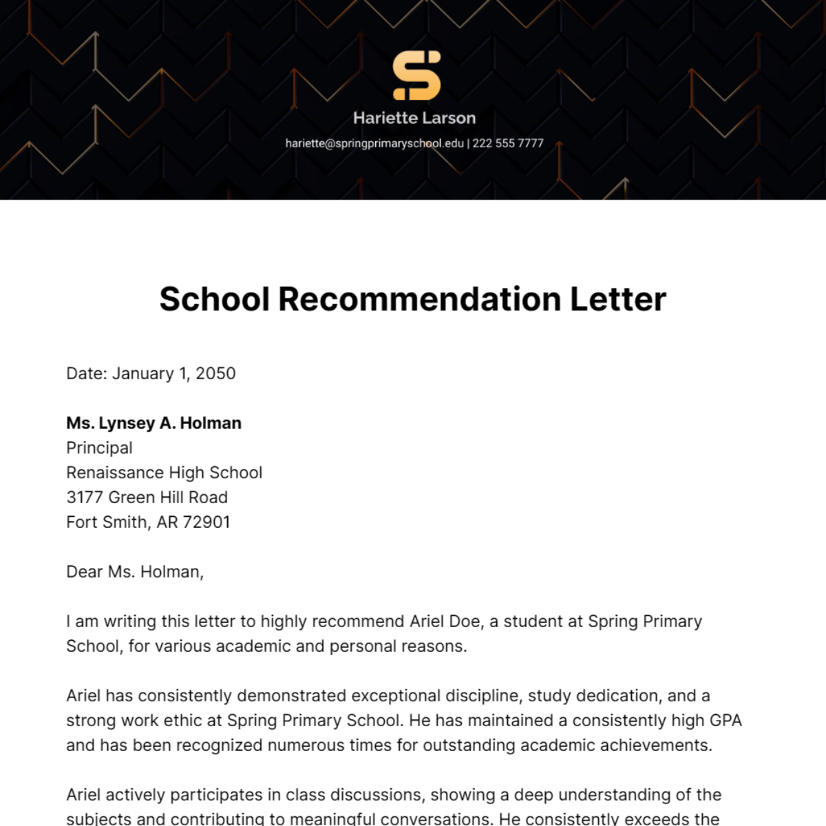 School Recommendation Letter for Student Template - Edit Online & Download