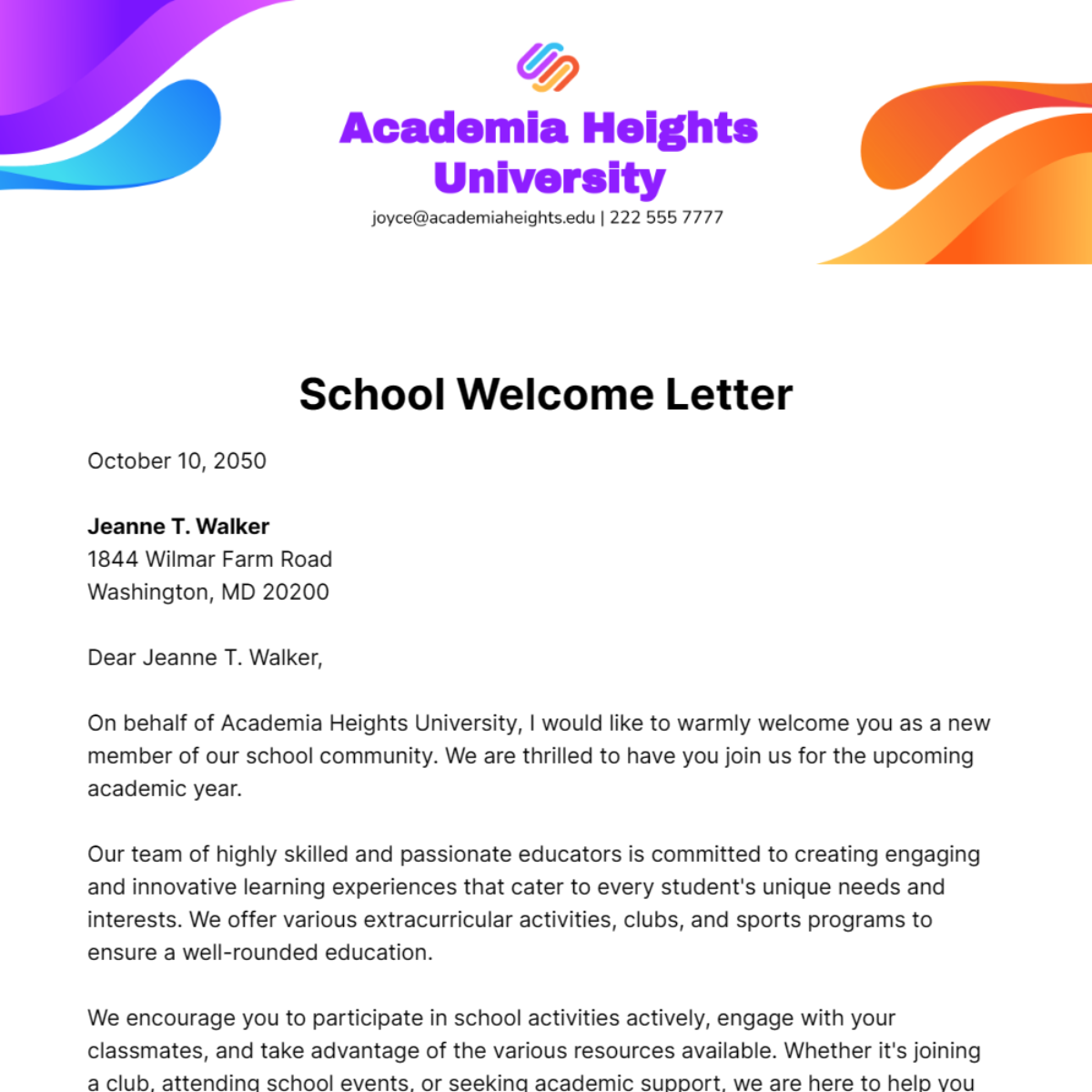 School Welcome Letter Template - Edit Online & Download