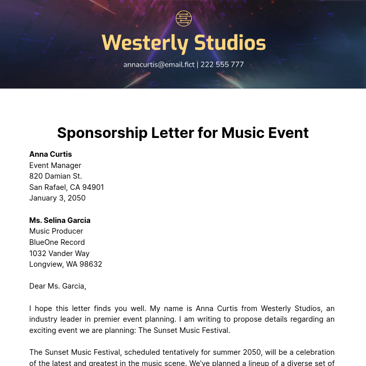 Free Sponsorship Letter for Music Event Template