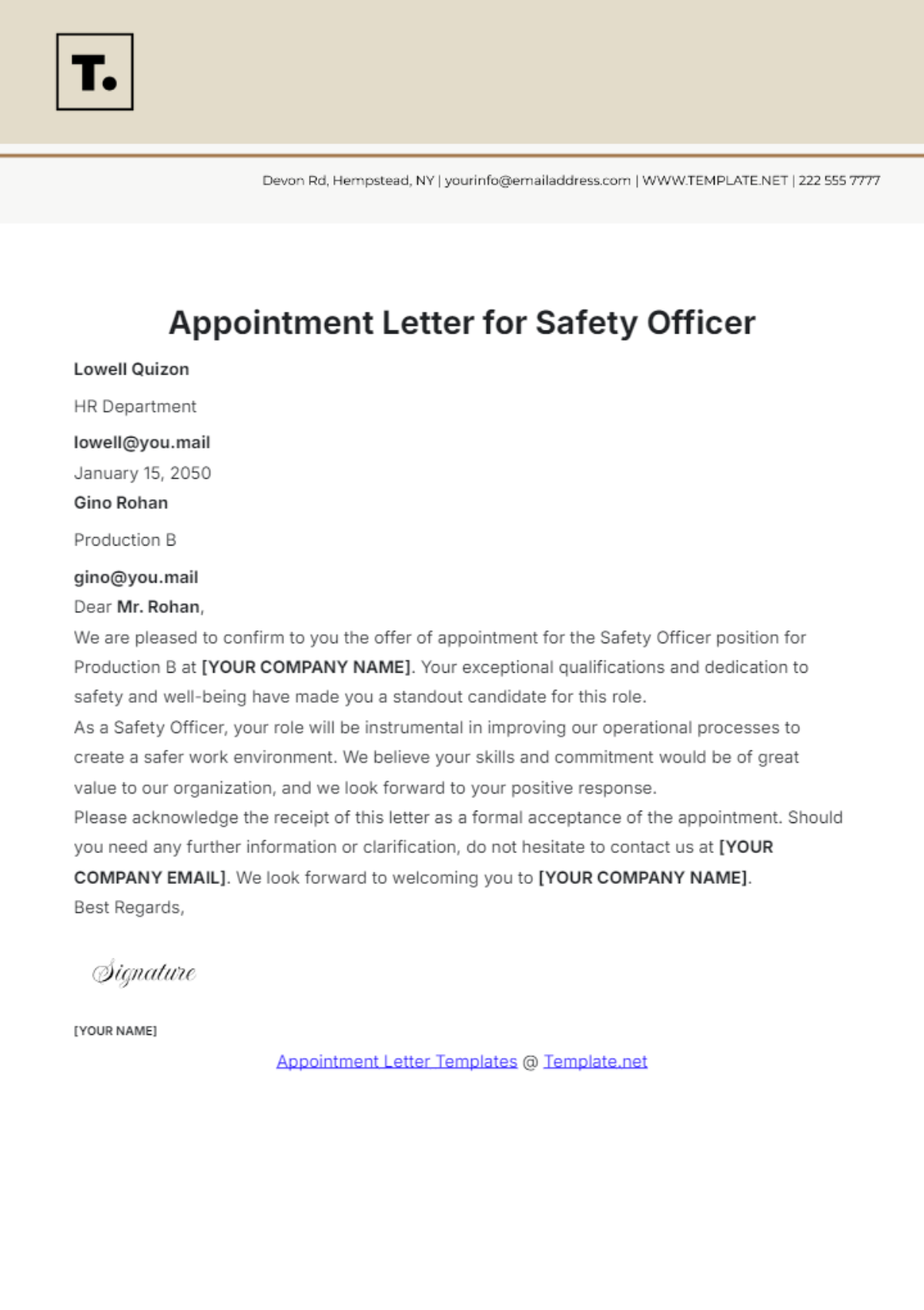 Free Appointment Letter for Safety Officer Template