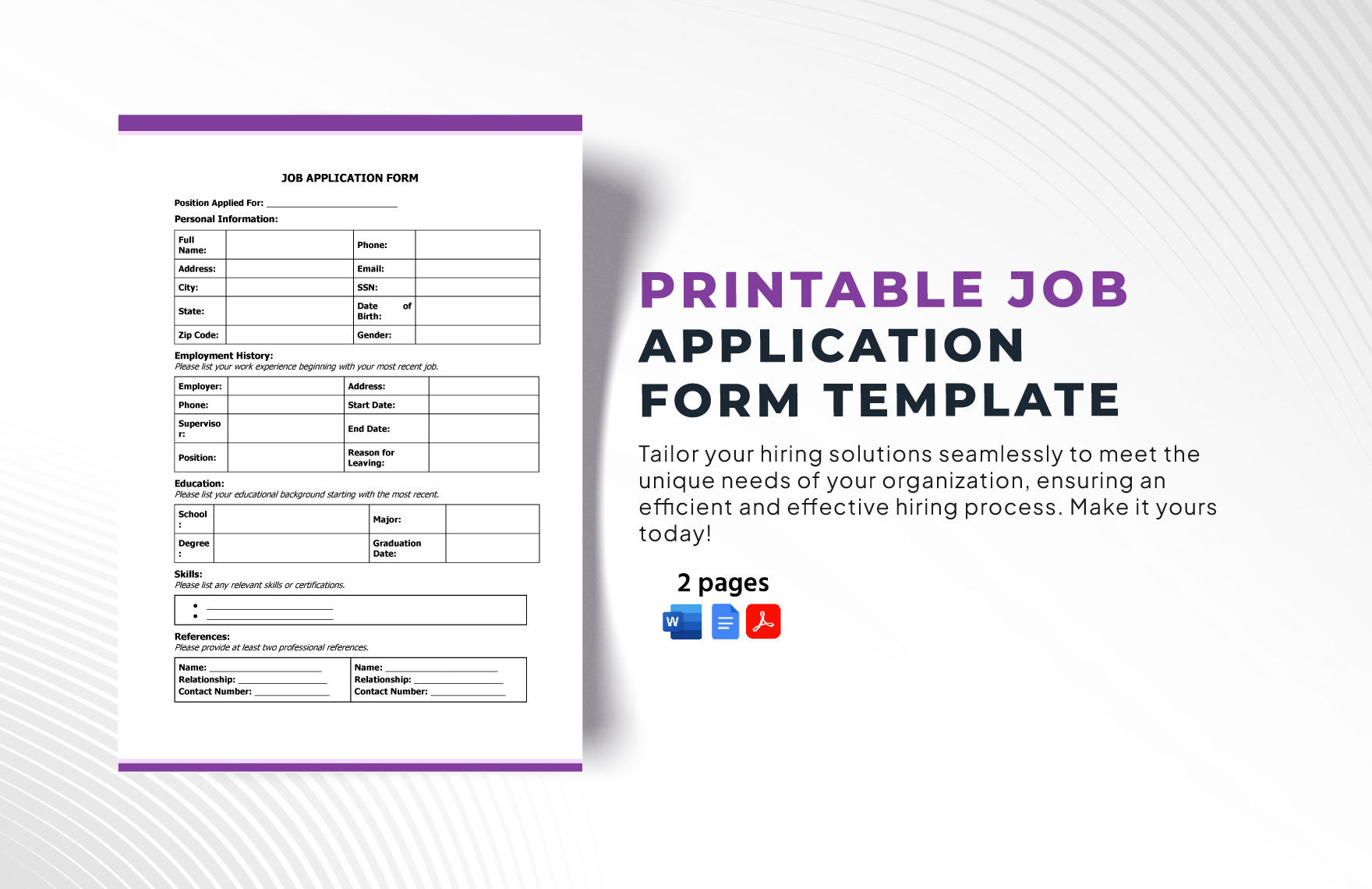 Printable Job Application Form Template