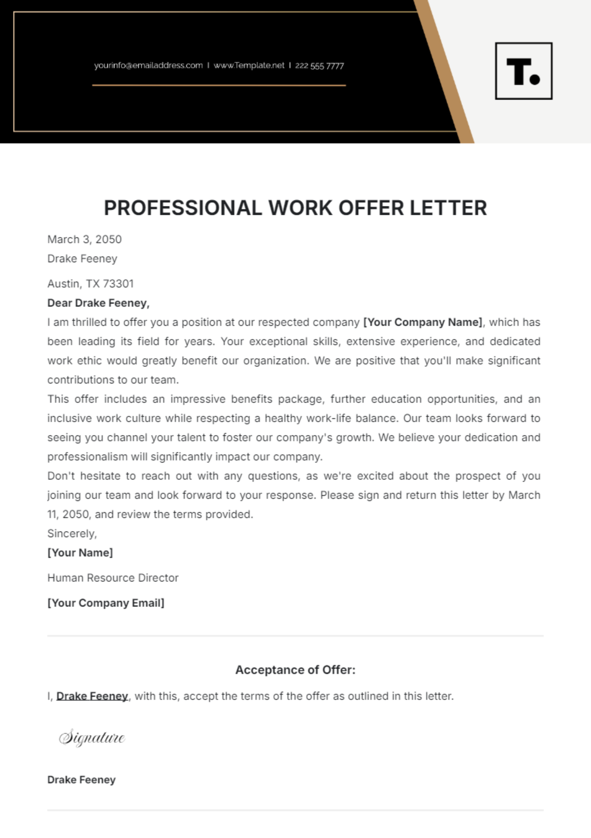 Free Professional Work Offer Letter Template