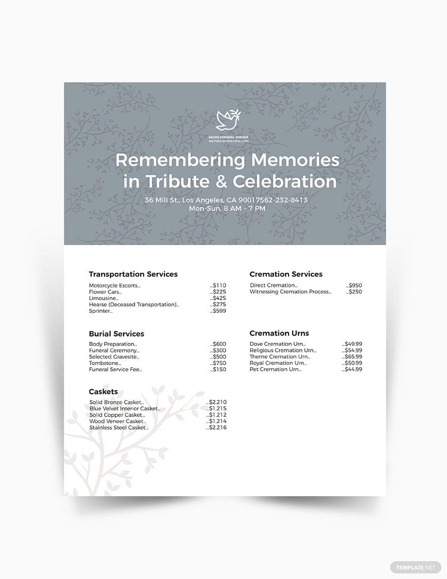 Funeral Price List Template in Pages, PSD, Illustrator, Publisher, Word, Google Docs - Download | Template.net