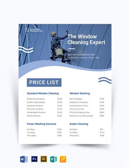 Window Cleaning Price List Template in PSD, Publisher, Illustrator, Pages, Word, Google Docs - Download | Template.net