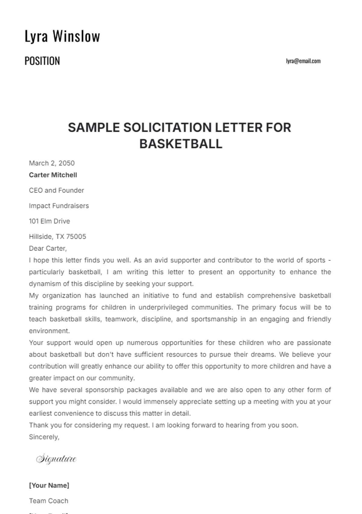 Free Sample Solicitation Letter for Basketball Template