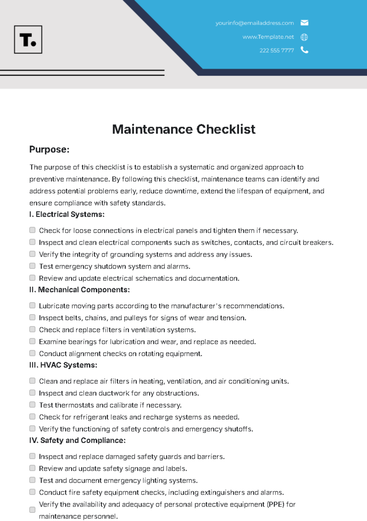 Free Maintenance Checklist Template