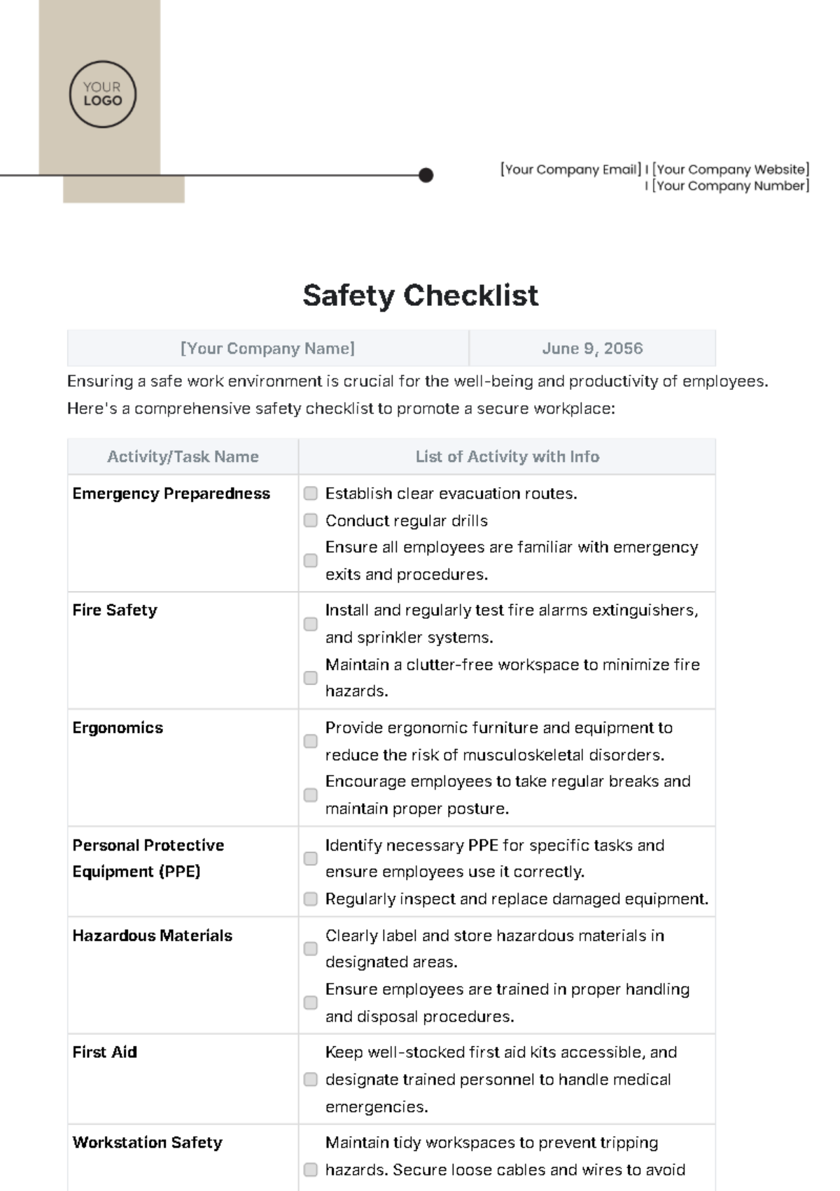 Free Safety Checklist Template