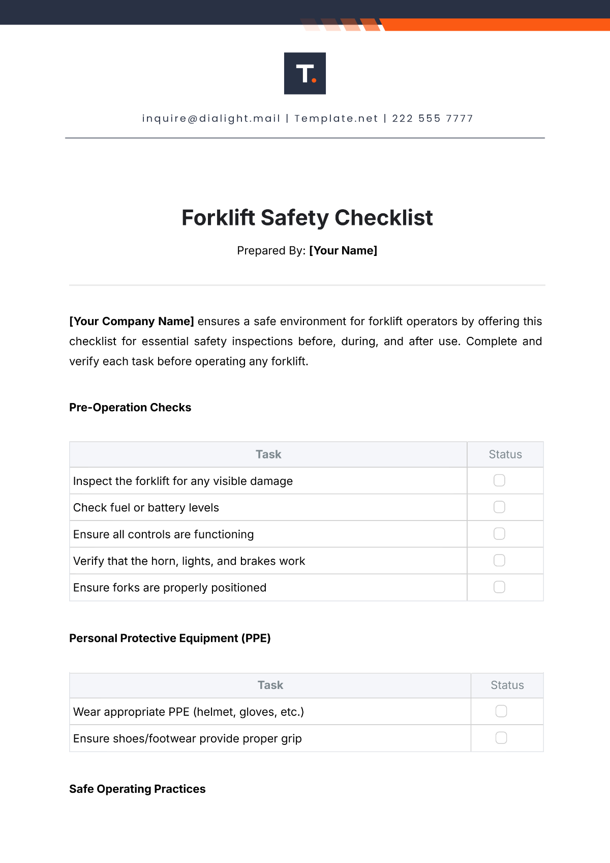 Free Forklift Safety Checklist Template