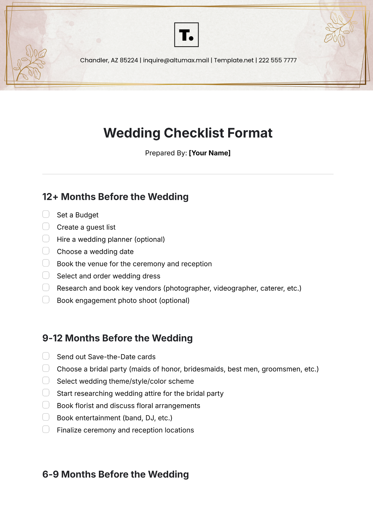 Free Wedding Checklist Format Template