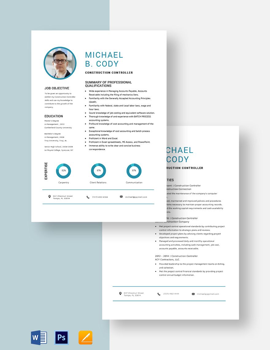 Construction Controller Resume in Word, PSD, Pages - Download ...