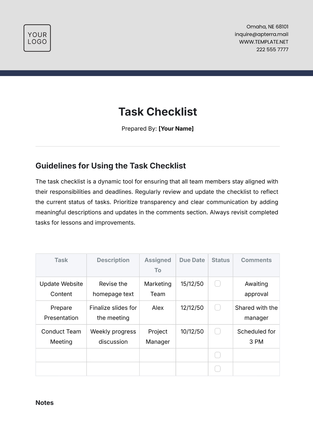 Free Task Checklist Template