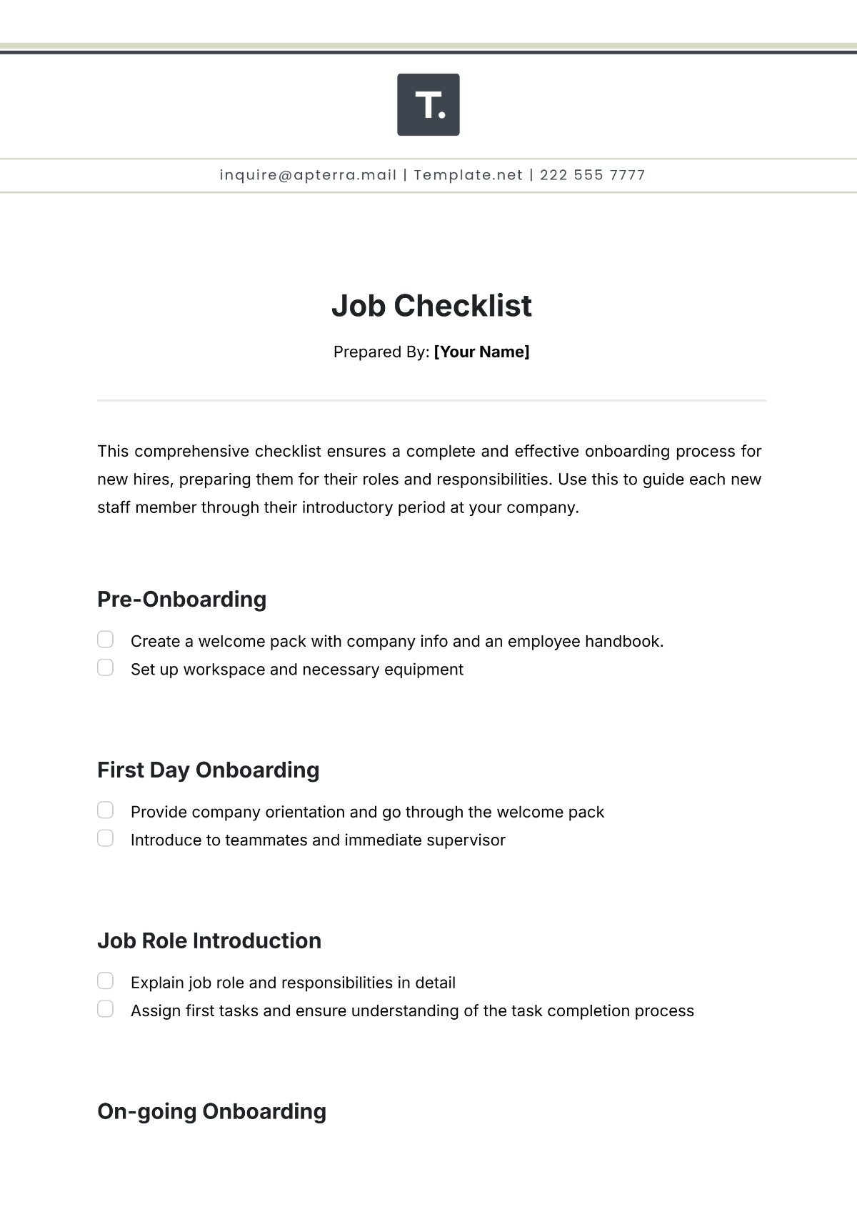 Free Job Checklist Template