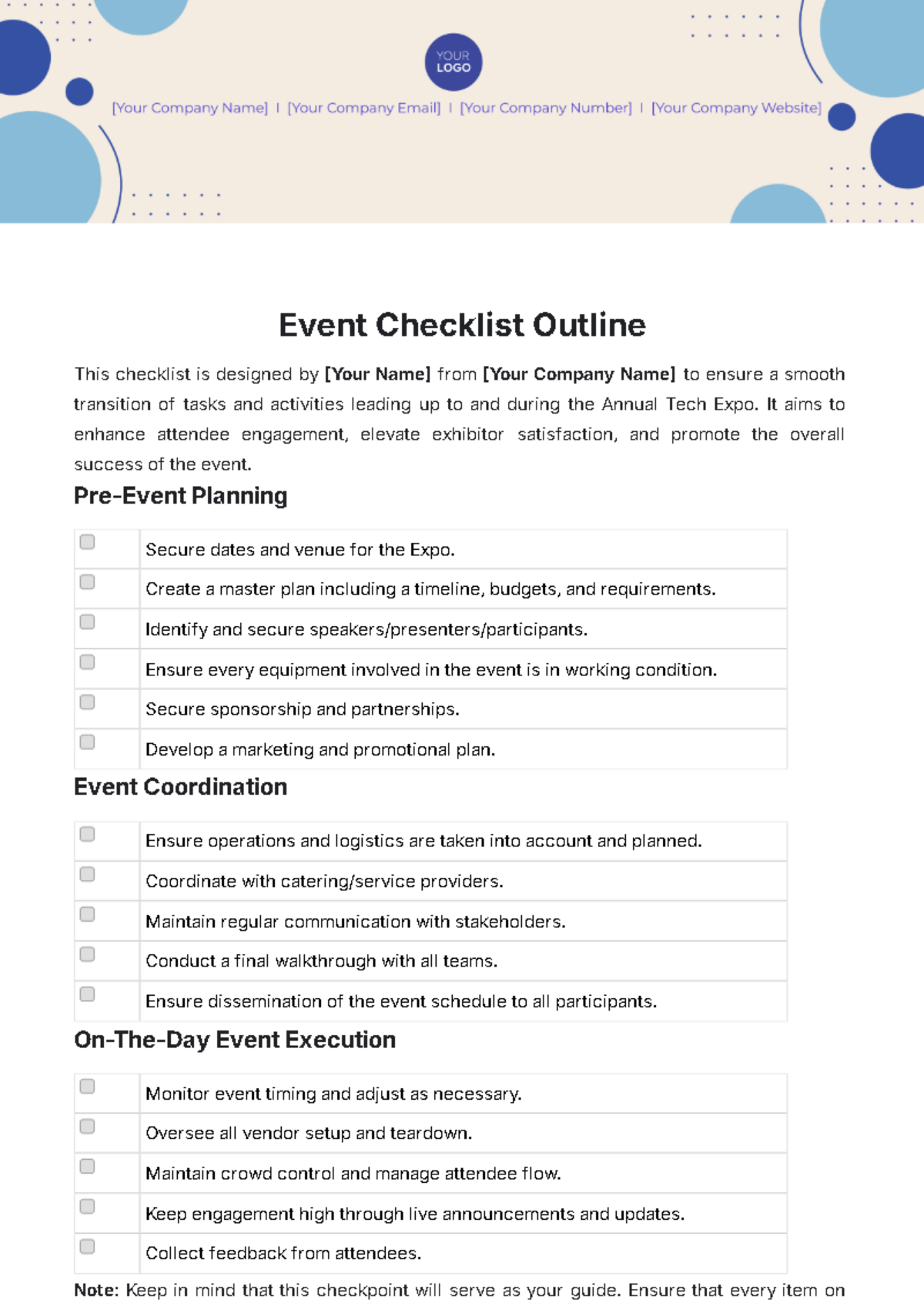 Free Event Checklist Outline Template