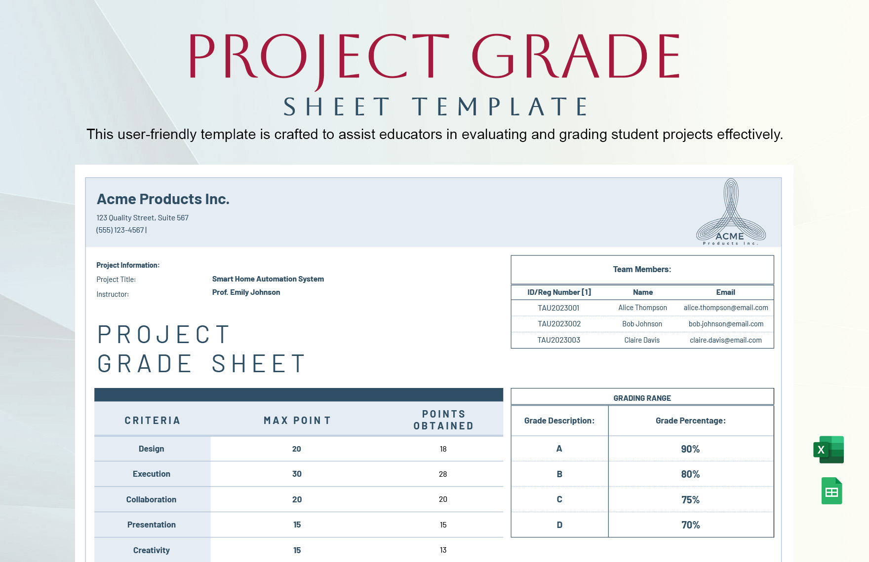 Project Grade Sheet Template